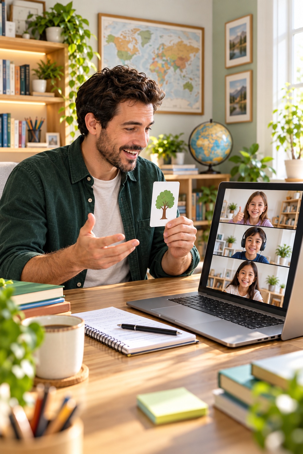 Sebastien teaching children by video call